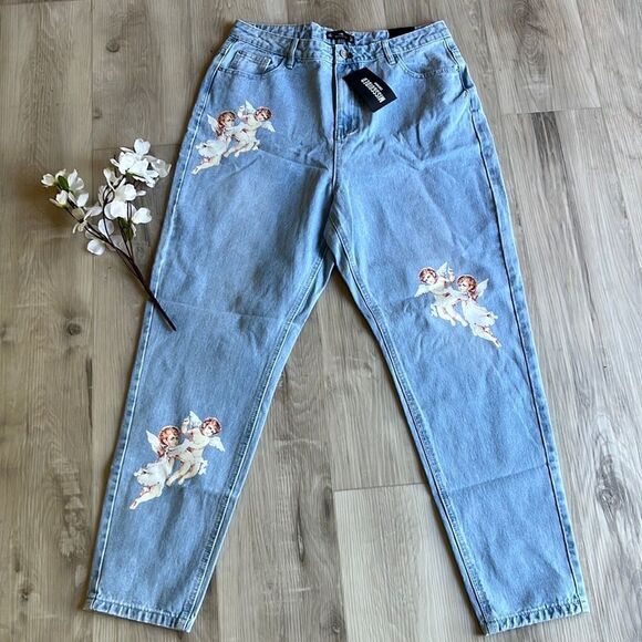 NWT Missguided Denim Riot Hi Rise Mom Jeans Cherub Angels Size 16 16R - Picture 1 of 11